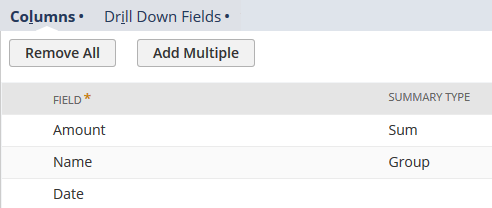 Sum summary type selected for the Amount field.