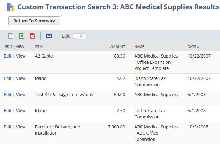 Drill down of Custom Transaction search results.