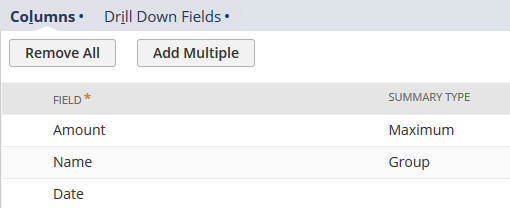 Maximum summary type selected for the Amount field.