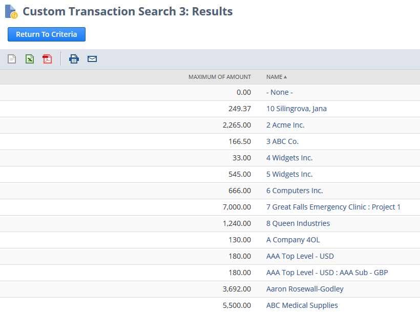 Custom Transaction search results with a maximum summary type.