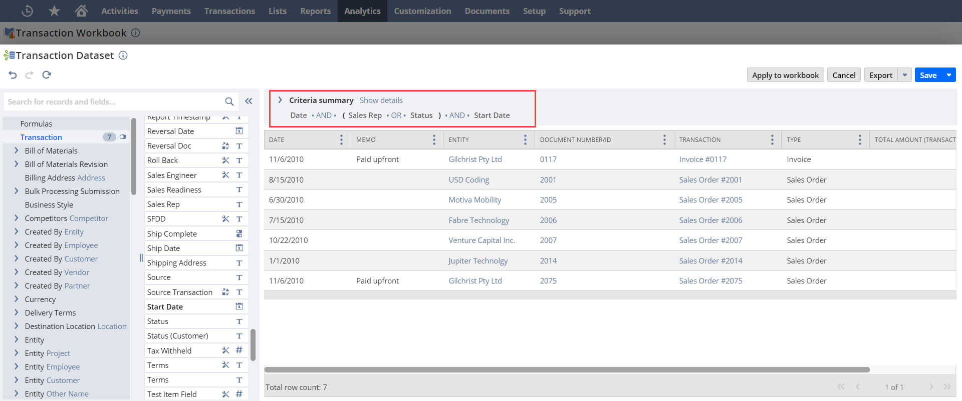 Criteria Summary filters in a dataset.