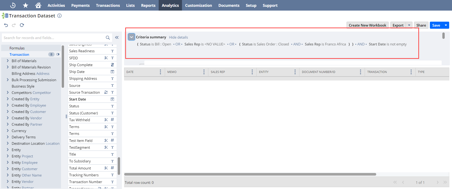 Grouped criteria filters in a dataset.