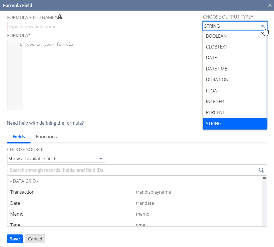 Choose Output Type dropdown list with String selected.