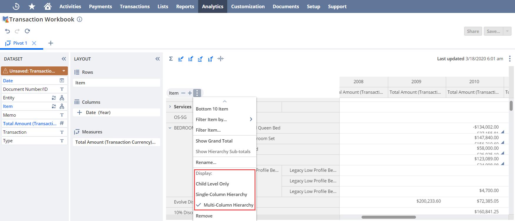 Hierarchical options shown in the Layout panel.