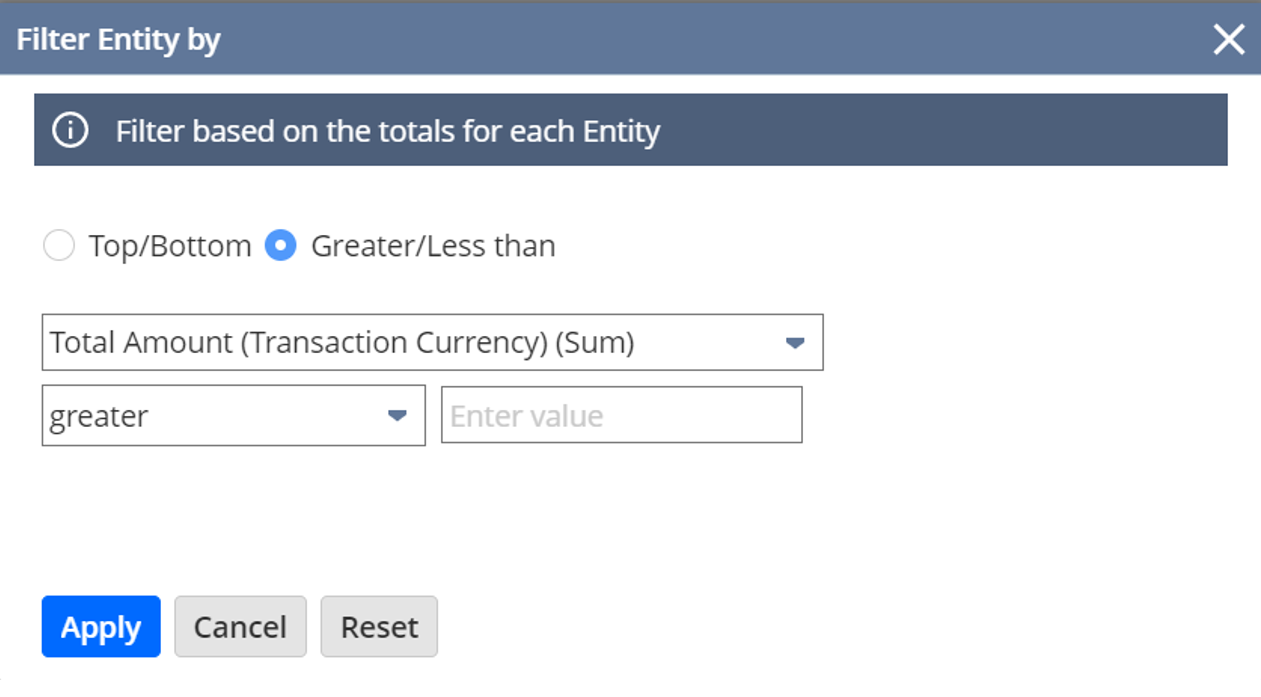 Measure-based filter window showing the Greater/Less than option.