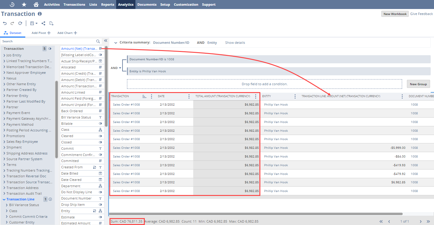 Example of joining the transaction line record type to the dataset.