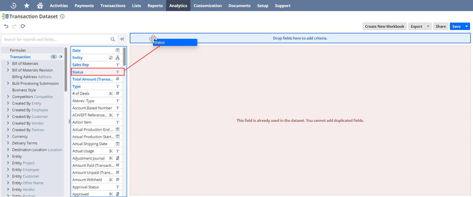 Example of dragging a record or formula field to the Criteria Builder.