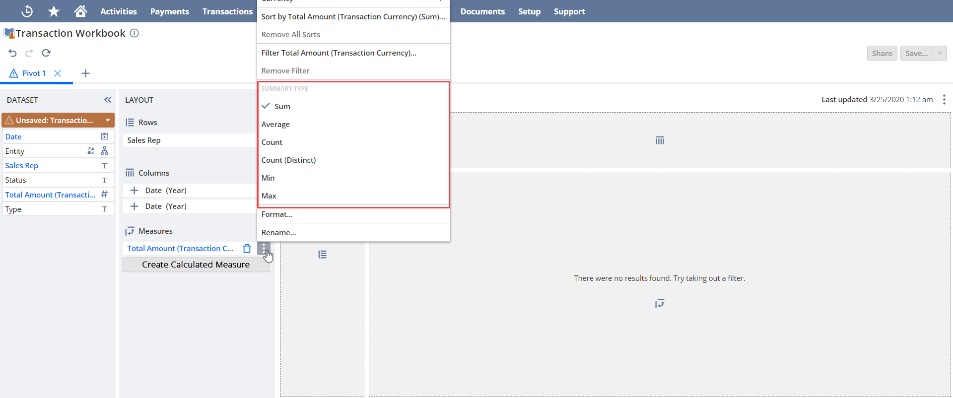 Summary Type dropdown list.