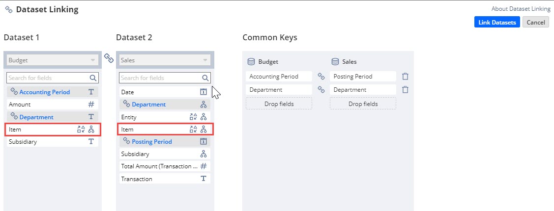 Screenshot of a sample dataset link definition.