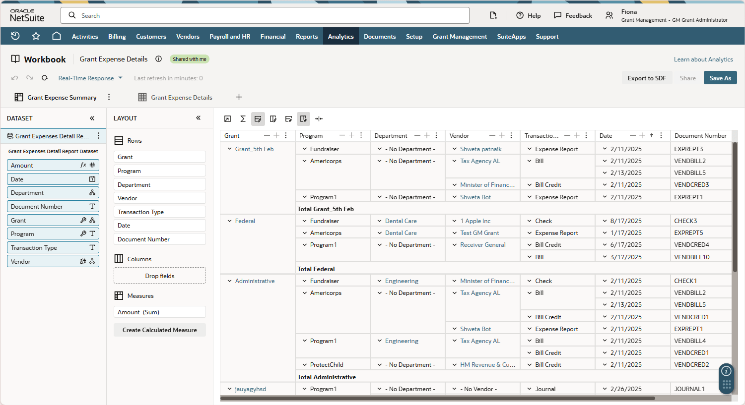 This screenshot shows a portion of the Grant Expense Details Workbook.