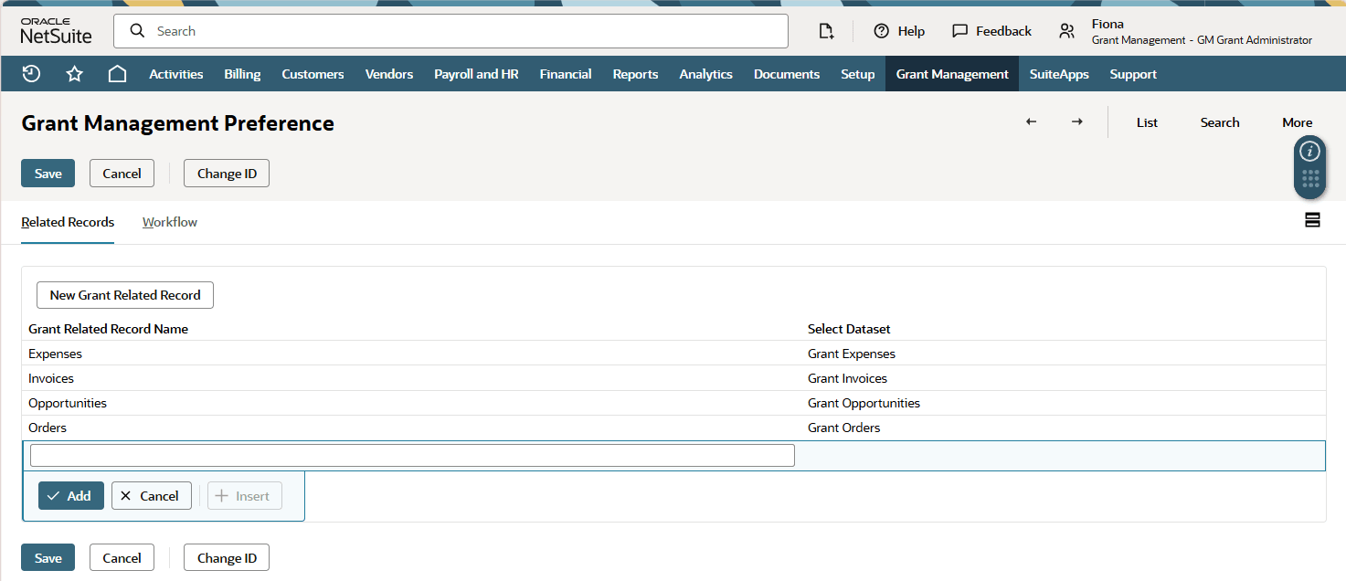 A screenshot that shows the Grant Management Preferences page