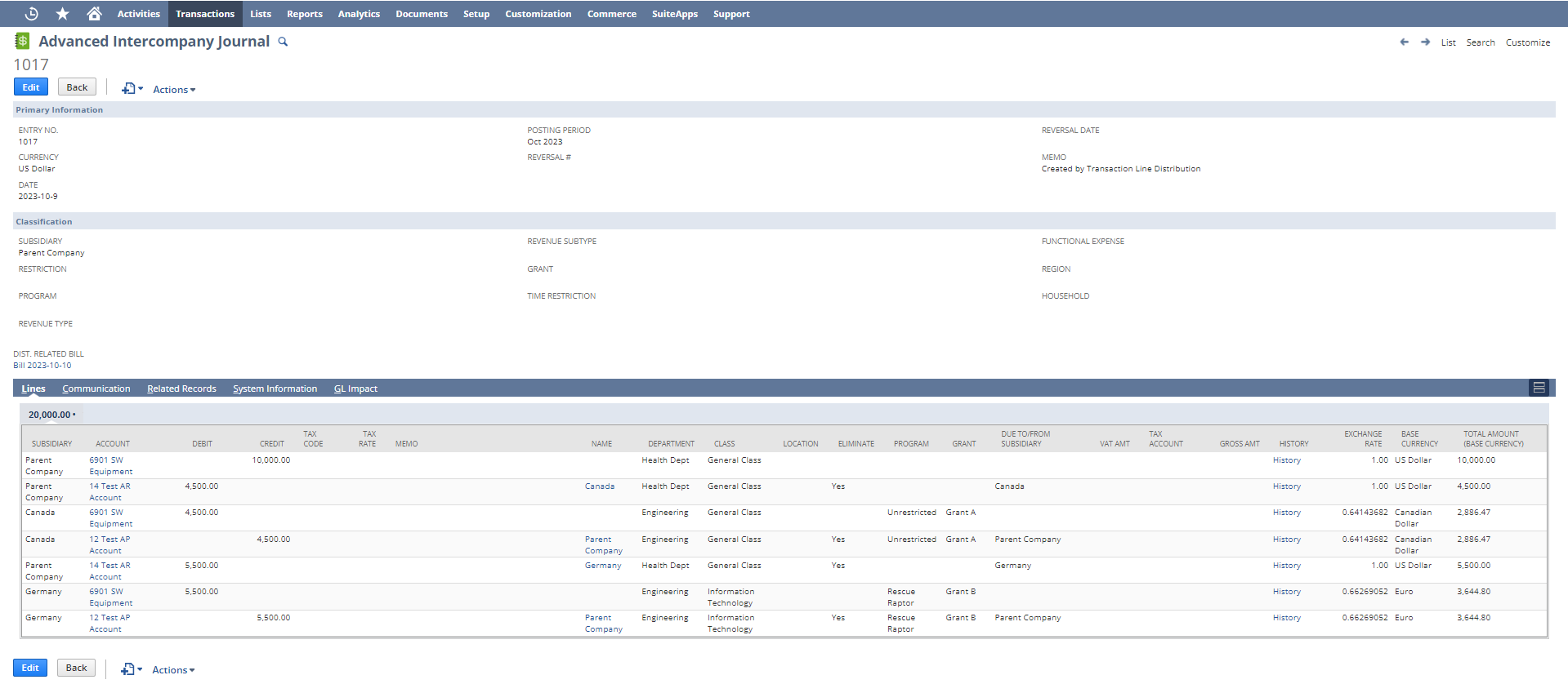 An Advanced Intercompany Journal Entry from a vendor credit.