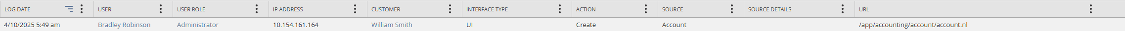 Example PI Access log with the Create action on Account record.