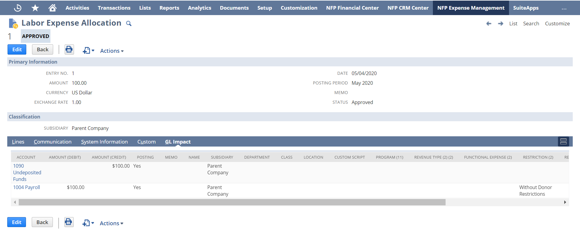 An approved Labor Expense Allocation record that dsplays the GL Impact subtab.