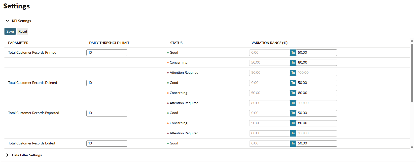 A screenshot that shows a portion of the KPI Settings screen.