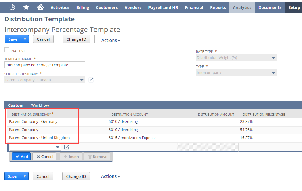 Intercompany Distribution Template with the Destination Subsidiary fields outlined in red.