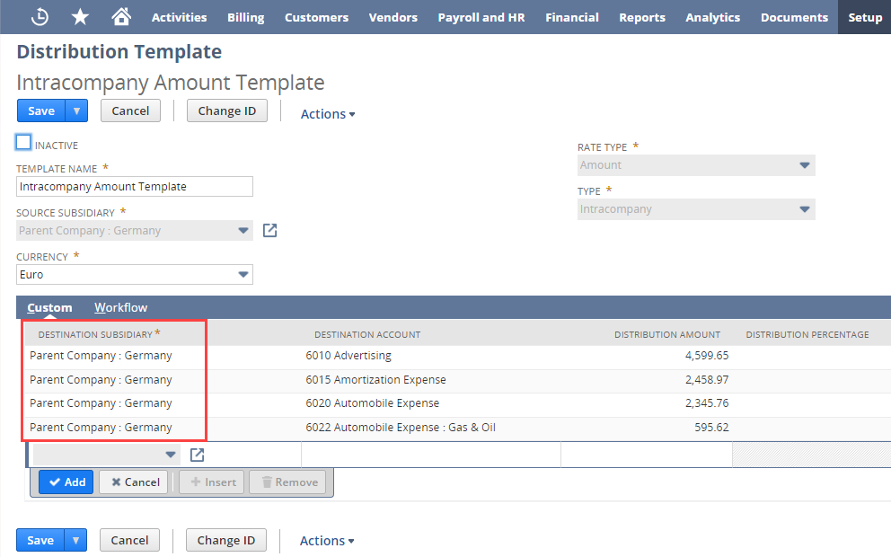 Intracompany Distribution Template with the Destination Subsidiary fields outlined in red.