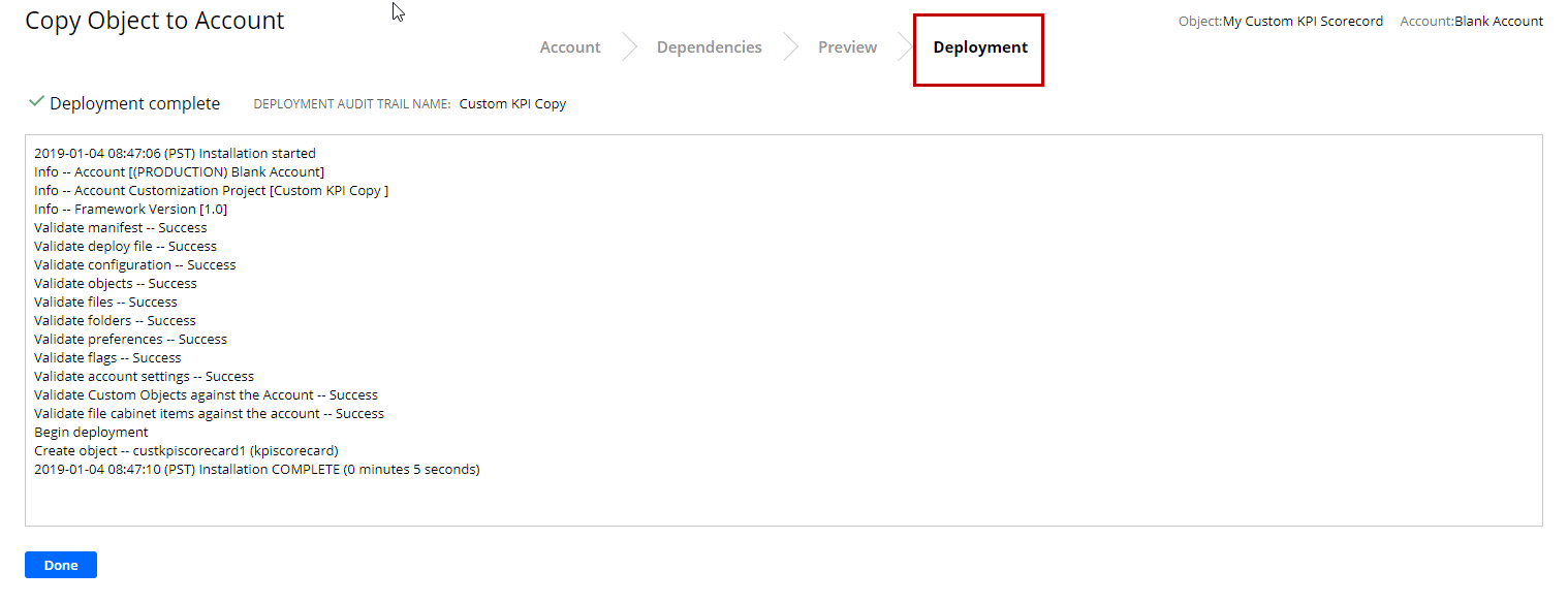 Deployment complete on Copy Object to Account page.