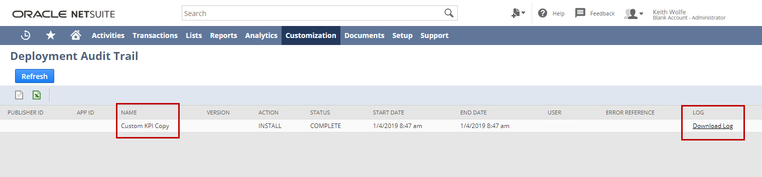 Deployment Audit Trail page with Name and Log outlined in red.