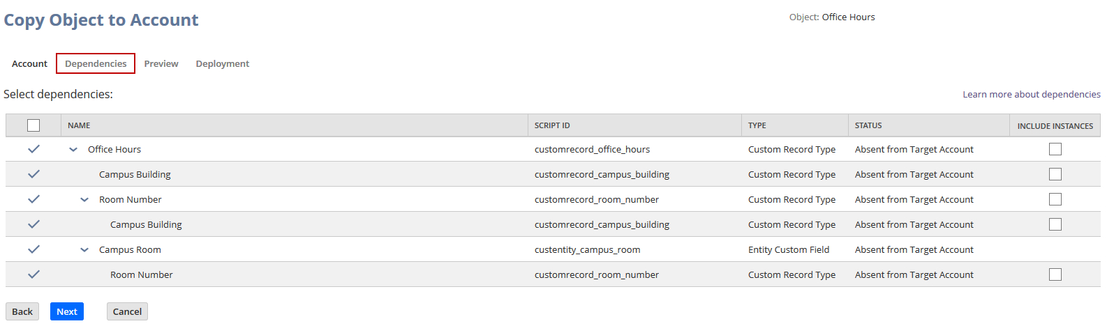 Selecting dependencies on Copy Object to Account page.