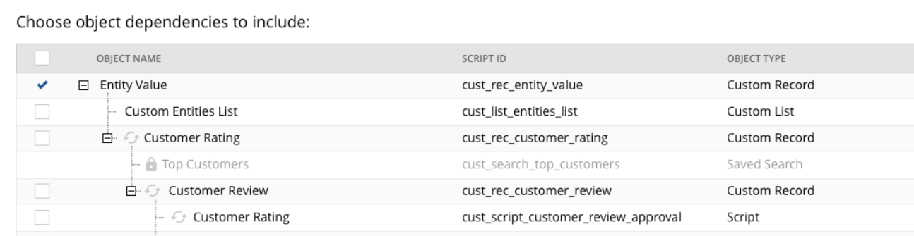 Choose object dependencies to include.