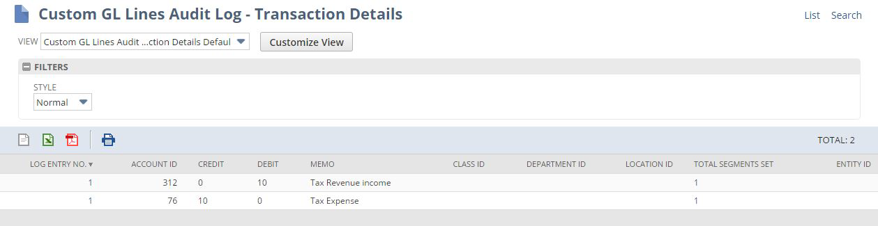 Custom GL Lines Ausit Log Transaction Details page