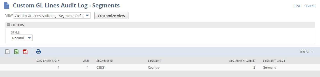 Custom GL Lines Audit Log Segments page