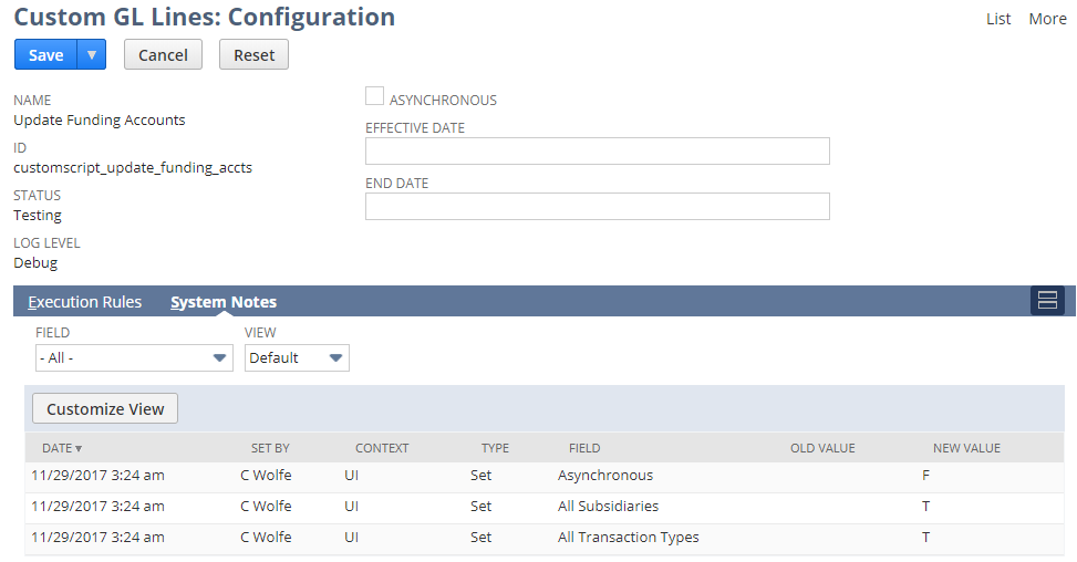 Custom GL Lines: Configuration page