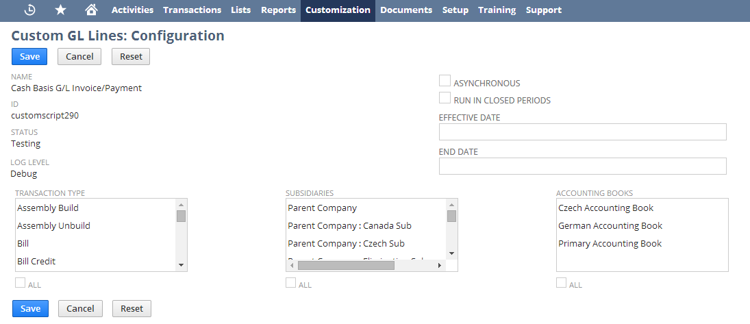 Custom GL Lines: Configuration page