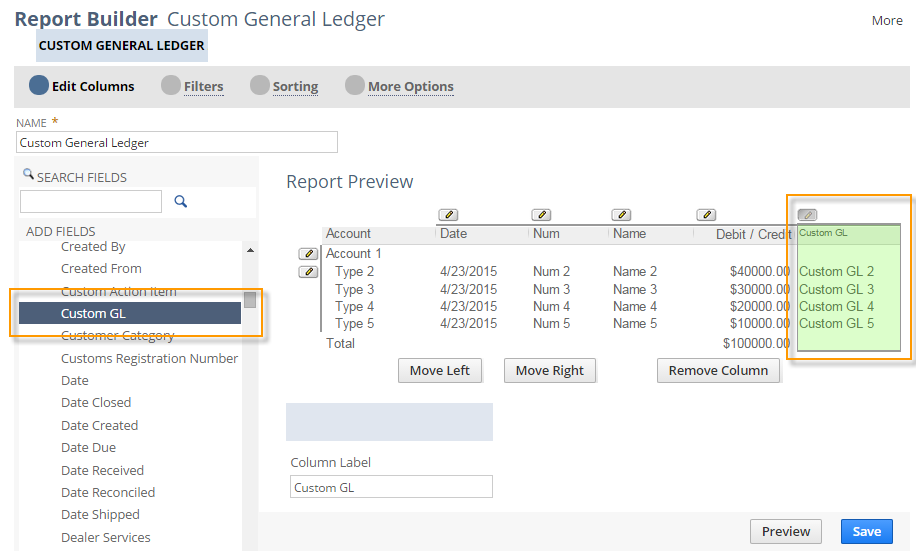 Custom GL report column in the Report Builder.