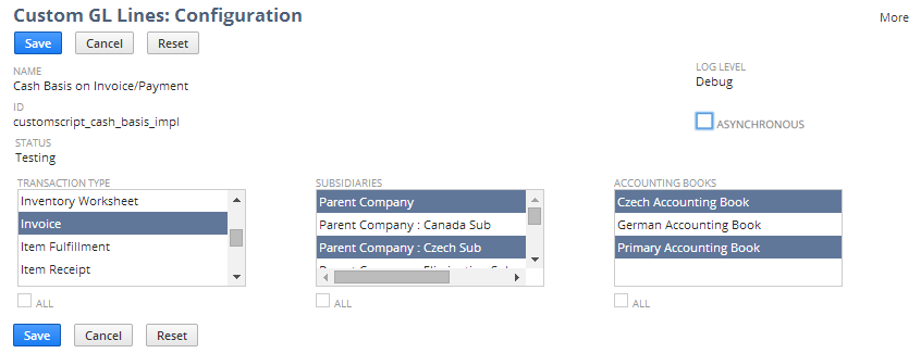 Custom GL Lines Configuration page