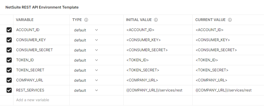 An example environment setup in the Postman application.