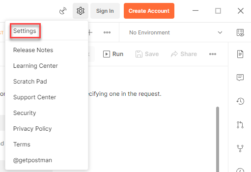 An excerpt of the Postman application's UI with the gear icon highlighted.