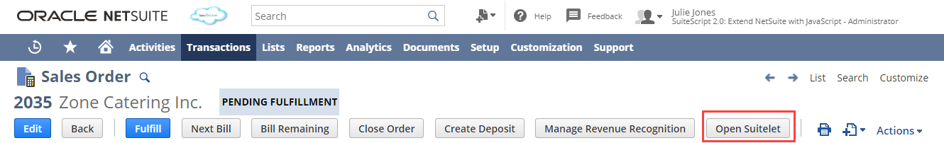 A sales order record with the Open Suitelet button highlighted.