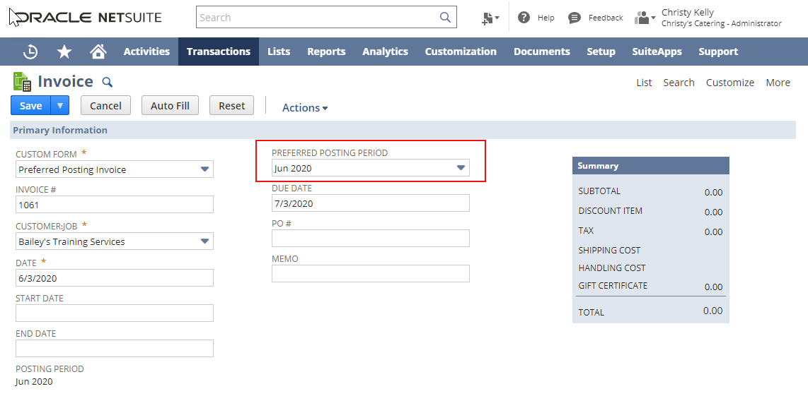 An invoice record with the Preferred Posting Period field highlighted.