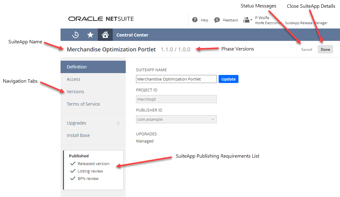 SuiteApp with SuiteApp Name, navigation tabs, phase versions, status messages, and SuiteApp publishing requirements list highlighted.