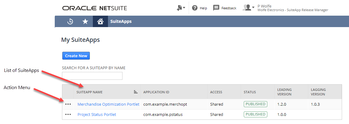 My SuiteApps pae with List of SuiteApps and Action Menu highlighted.