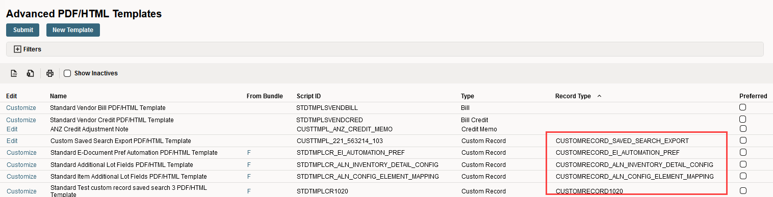 Advanced PDF/HTML Templates list highlighting a record type.