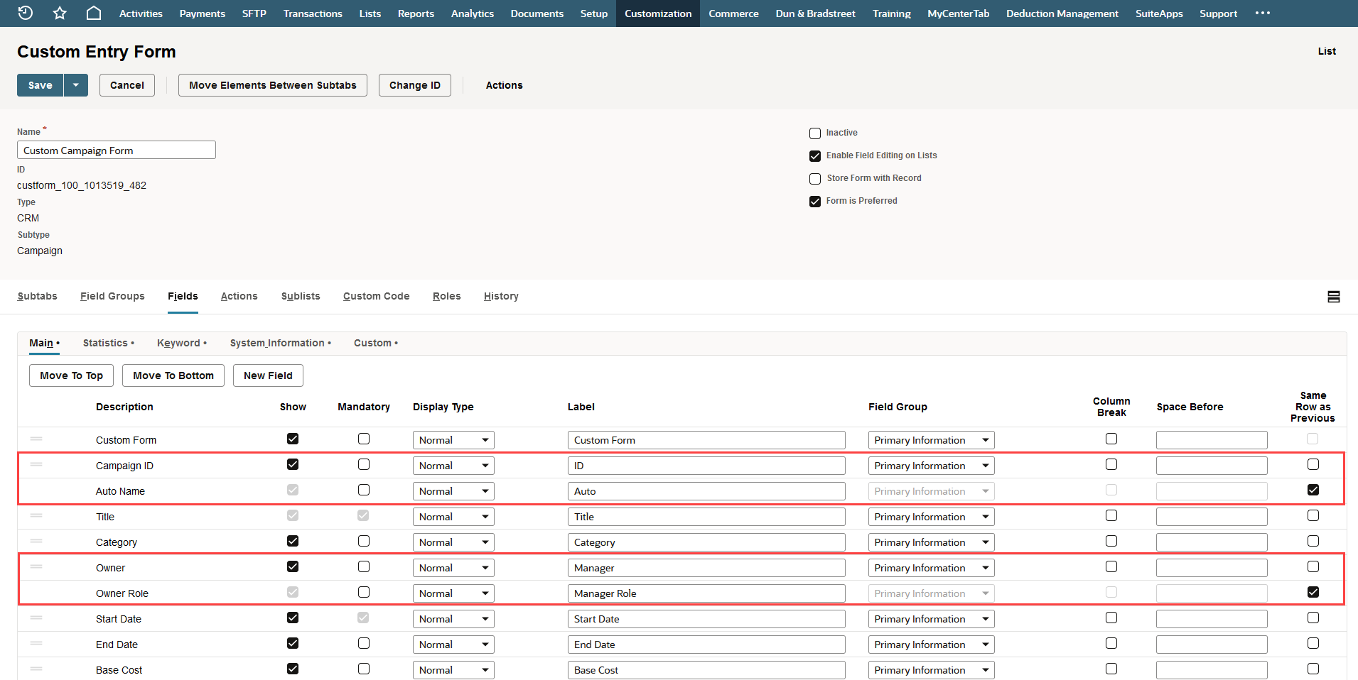 Custom form Fields subtab showing Same Row as Previous box checked and cleared.