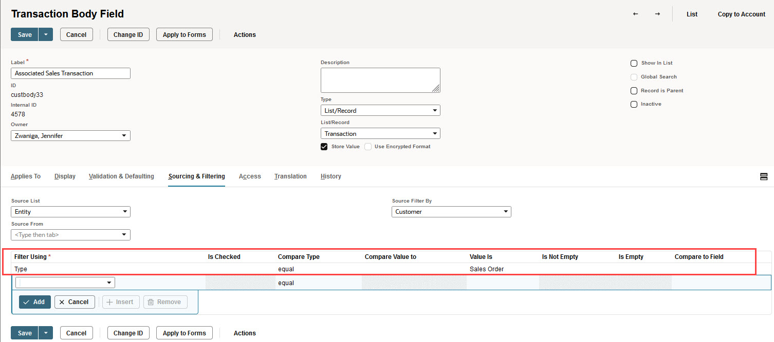 Fliter settings for Associated Sales Transaction field.