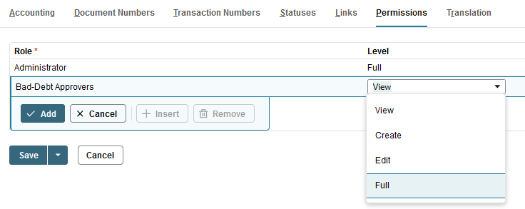 Sample Permissions subtab for a custom transaction showing permission level options.