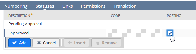 Transaction type Status subtab.