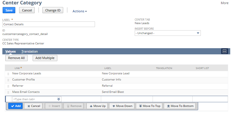 Customer Center Category Values subtab