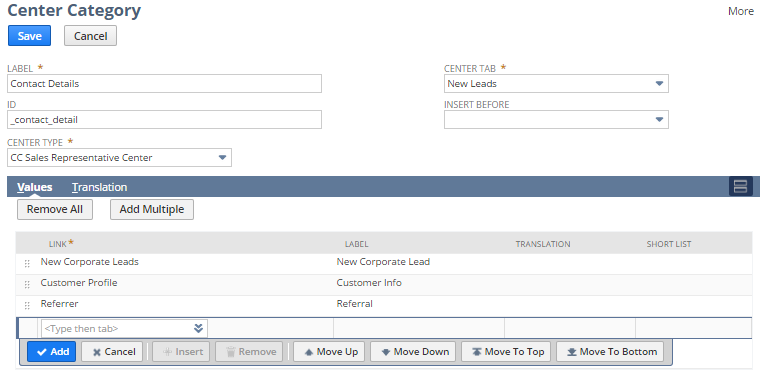 Custom Center Category Values subtab