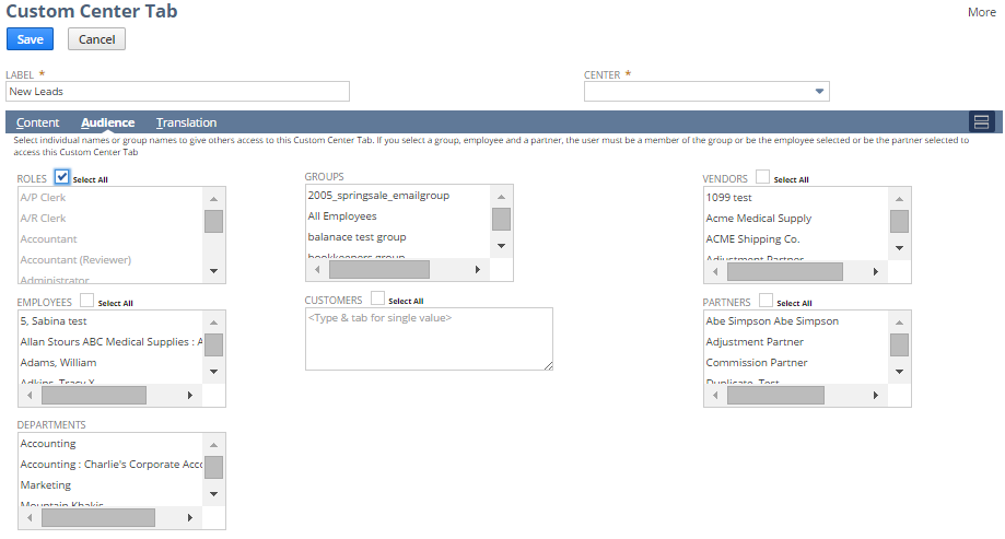 Custom Center Tab Audience subtab