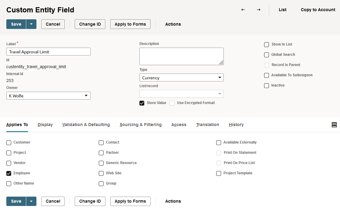 Custom Entity Field page