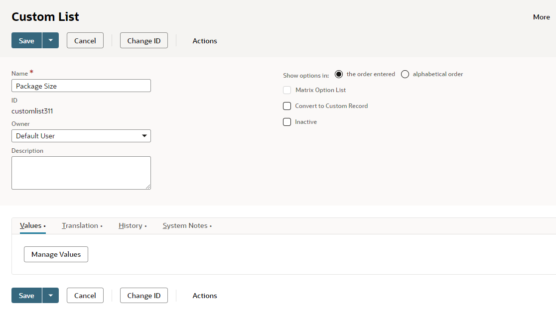 Custom List page showing Manage Values button on the Values subtab.