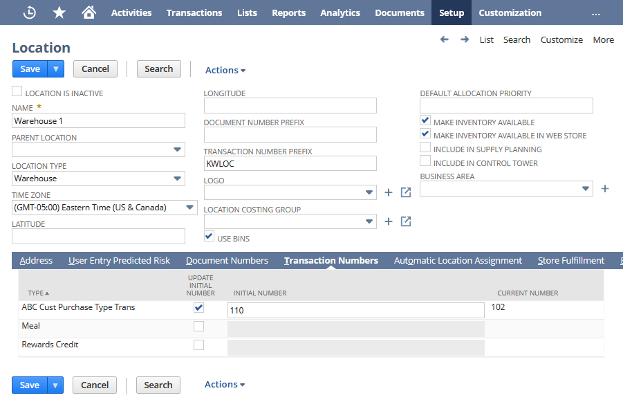 Sample location showing the transaction prefix setup and (on theTransaction Numbers subtab) initial number setup.