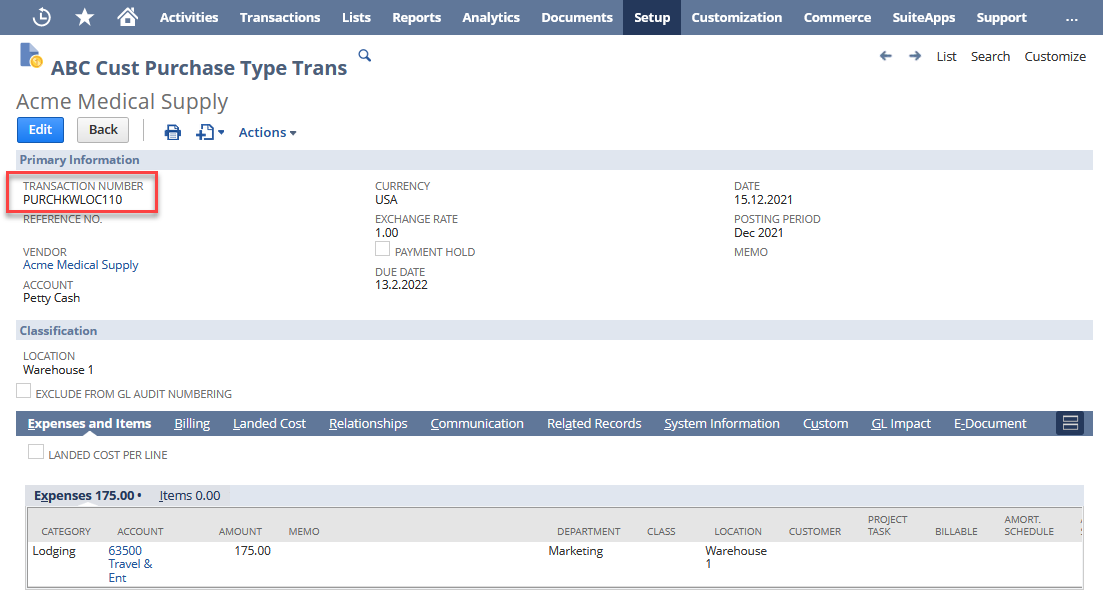 Sample purchase type transaction showing a transaction number that includes a transaction and a location prefix.