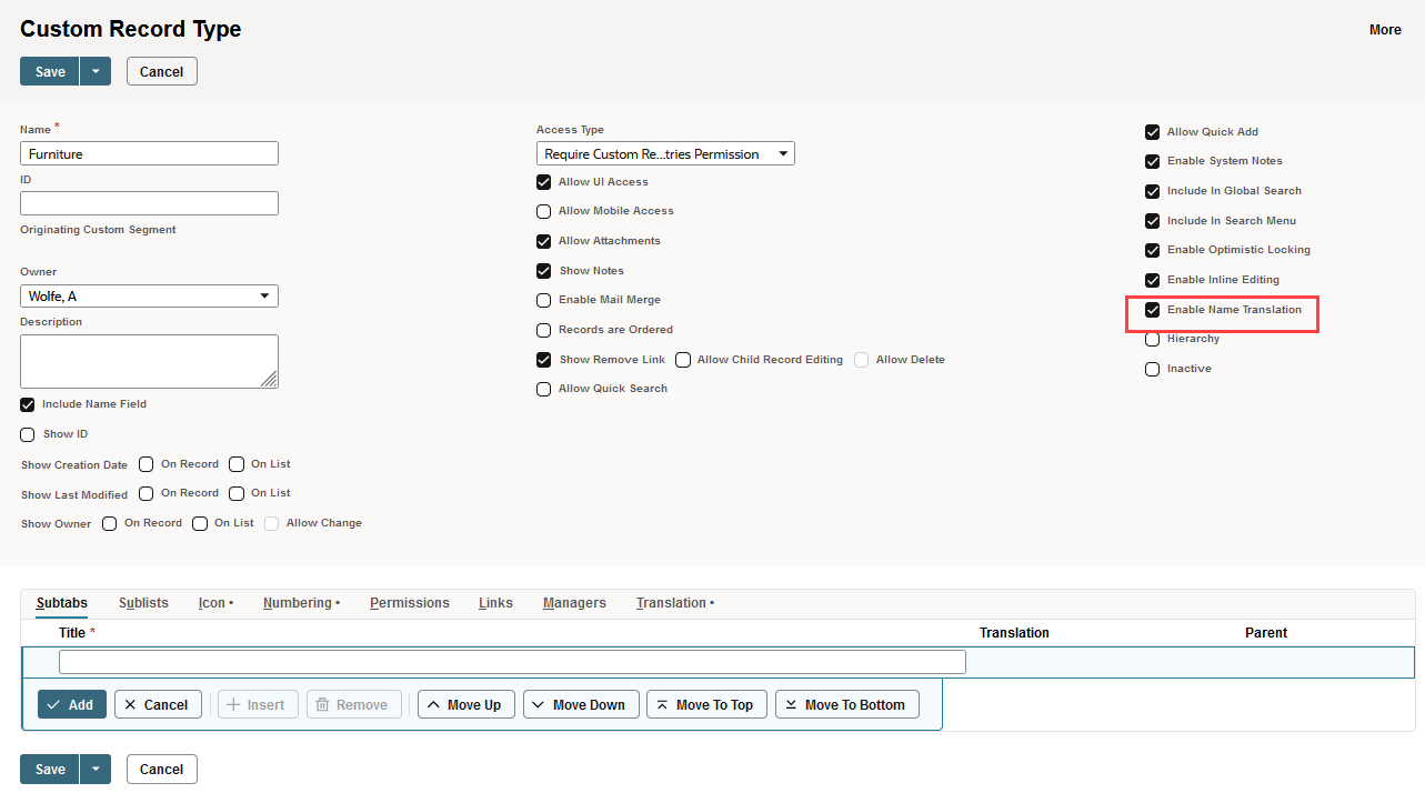 Sample Custom Record Type page with Enable Name Translation box highlighted.